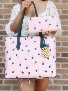 Kate Spade Pink Pineapple Tote with Dark Green Handles and Matching Wallet